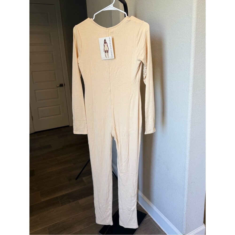 naked wardrobe Cream Long-Sleeve V-Neck Jumpsuit Bodycon XL - Picture 2 of 6